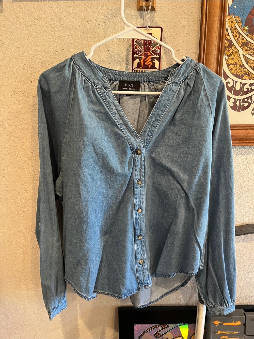 VICI Washed Blue Denim Button-Front Blouse